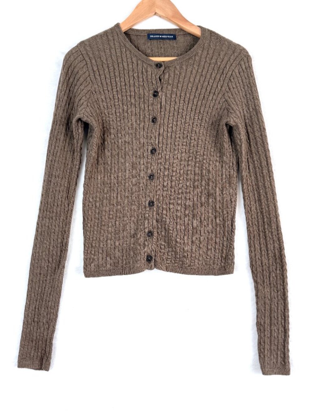BRANDY MELVILLE Cable Knit Ribbed Dainty Preppy Crop Academia Cardigan Brown
